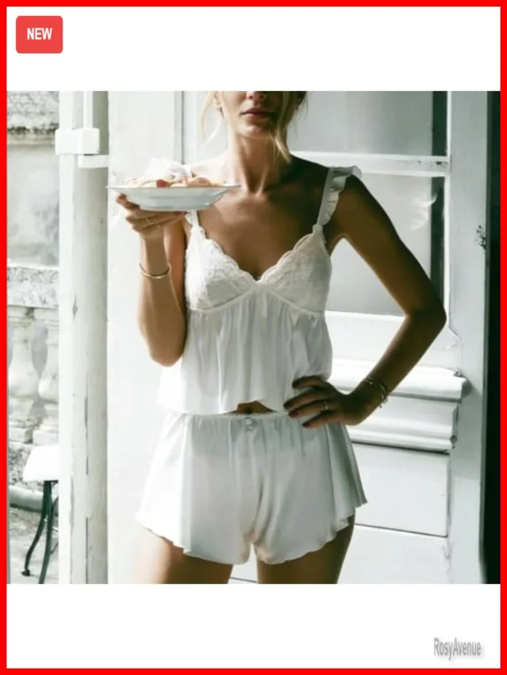Satin Pajamas Set Lace Flying Sleeve V Neck Cami Ruffle Shorts Lounge
